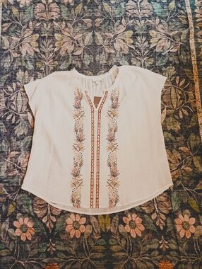 J Jill Womens Cottage Embroidered Short Sleeve Peasant Top Large Gauze Boho NWT